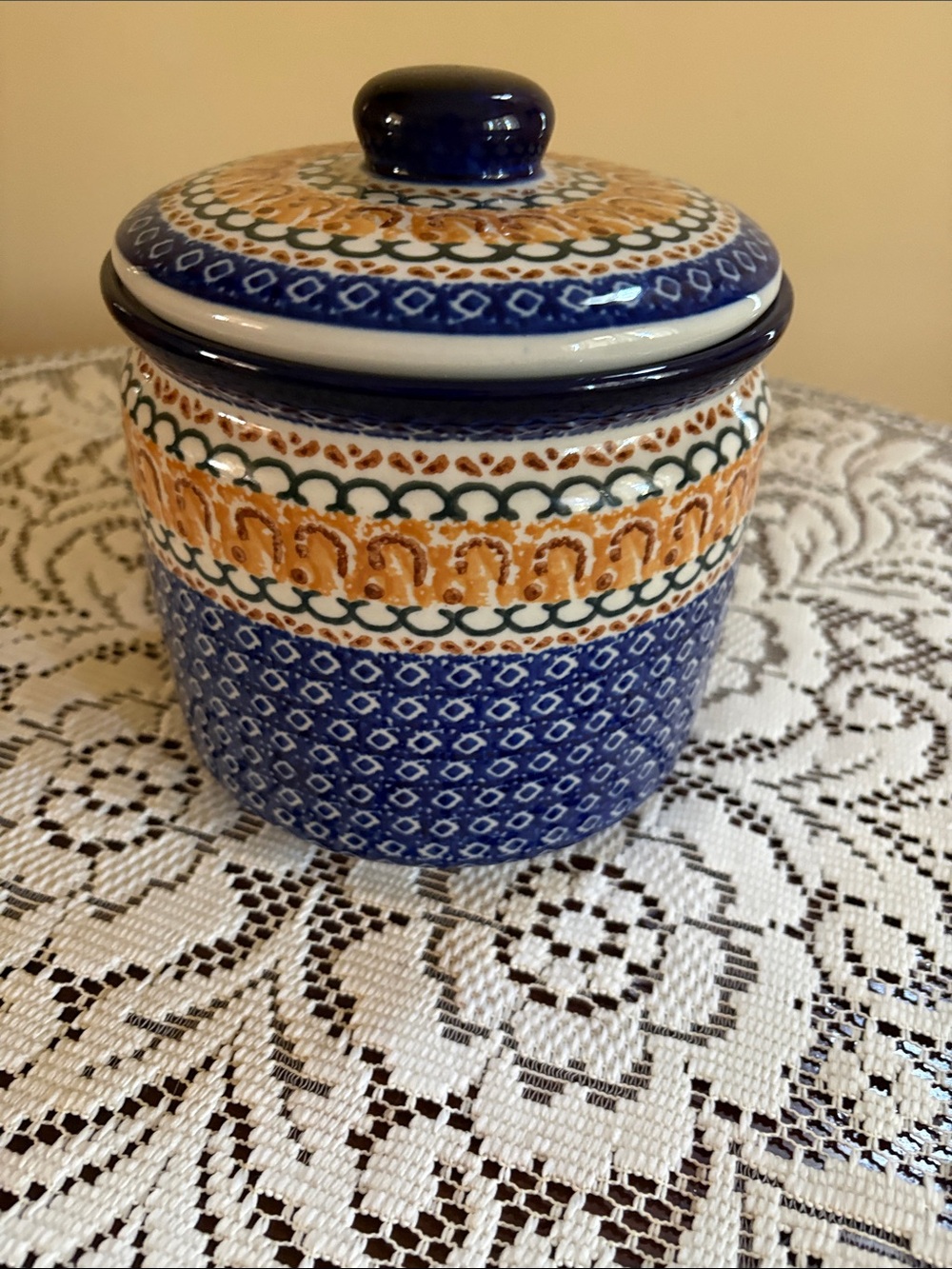 Polish Pottery Storage Jar - Blue and Gold Pattern